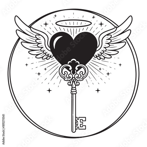 Winged heart, halo, and skeleton key in shining circle frame