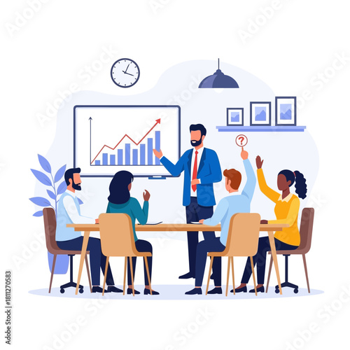 Business presentation with rising graph and audience participation in office