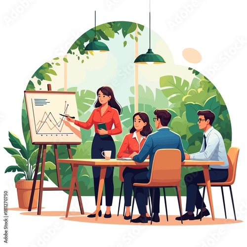 Business team discussing chart on easel in bright office with plant