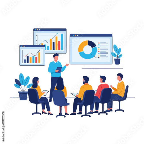 Business training session with diverse group and multiple data screens