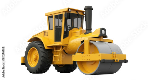 Yellow road roller construction vehicle isolated on transparent background