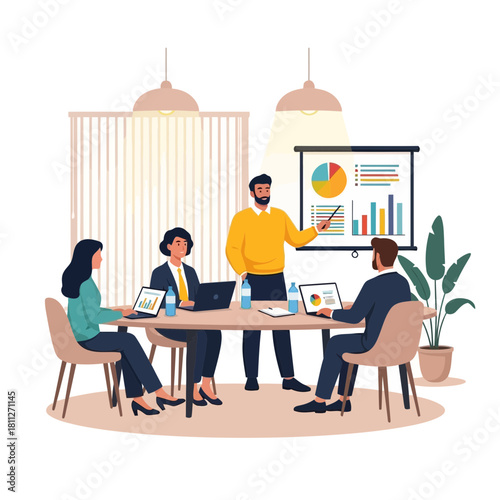 Diverse business group in office setting discussing report on projector screen