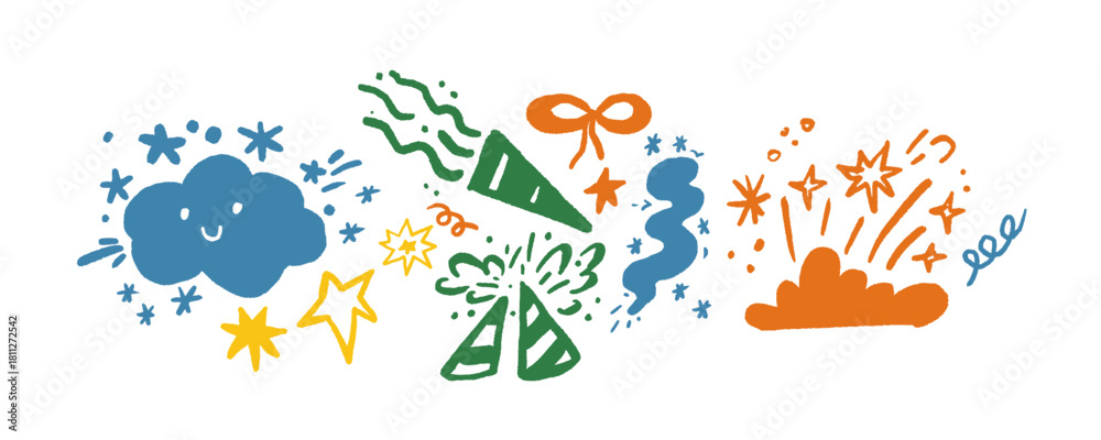 Fototapeta premium Doodle drawing of party celebration with firework and firecracker burst. Flat graphic illustration of star, confetti, cartoon element, cute cloud. Hand drawn element with yellow color, ribbon, and bow