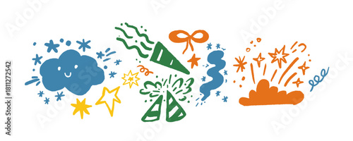 Doodle drawing of party celebration with firework and firecracker burst. Flat graphic illustration of star, confetti, cartoon element, cute cloud. Hand drawn element with yellow color, ribbon, and bow