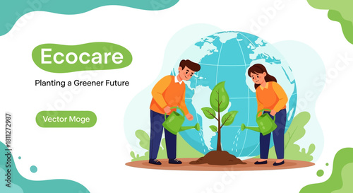 Ecological care and greening the future with people planting a tree by the globe