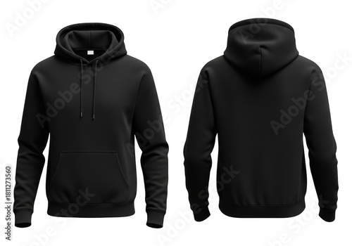Mockup of a plain black hoodie sweatshirt shown from front and back view, isolated on transparent background for apparel design presentation