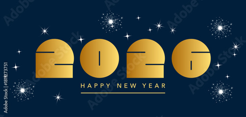 2026 - Carte de vœux sur le thème de l’espace avec des chiffres originaux et moderne or sur un fond de ciel étoilé bleu marine.