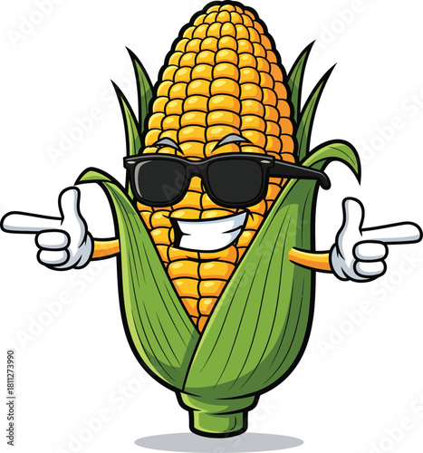 Cool Cartoon Corn on the Cob Mascot Wearing Sunglasses and Pointing Fingers.