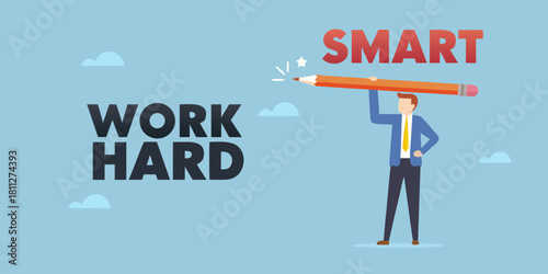 Work hard and smart concept with businessman holding pencil