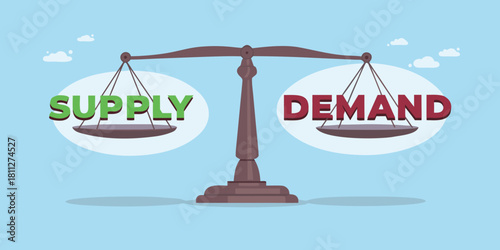 Supply and demand balance on scales economic concept illustration