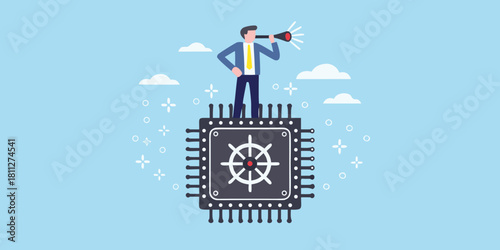 Man on kubernetes chip looking through spyglass for future tech