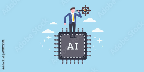 Ai navigator man on chip with ship wheel telescope