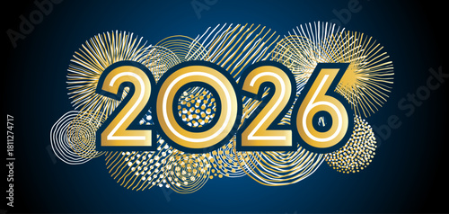 2026 - Bannière originale et élégante, or sur un fond bleu nuit, pour fêter le nouvel an.