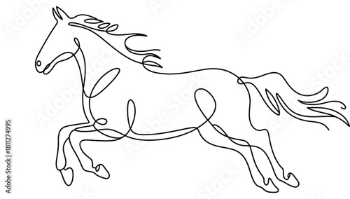 Running Horse Continuous One Line Drawing Stallion Head Mane Tail Single Outline Animal Design Minimalist Vector Illustration on White and Transparent Background
