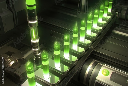 futuristic sci-fi green glowing vials being filled on black industrial machine