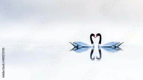 Fototapeta Naklejka Na Ścianę i Meble -  Two black-necked swans are swimming on a calm body of water, their necks curved to form a heart shape, with their reflections visible beneath them.
