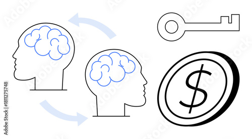 Two outlined heads with illustrated brain exchange ideas via arrows, symbolizing knowledge sharing, leading to a key and dollar coin. Ideal for teamwork, innovation, success, education, strategy