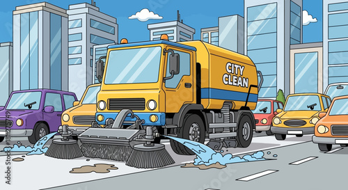 City Cleaning Truck Sweeping Streets with Buildings in Background Illustration