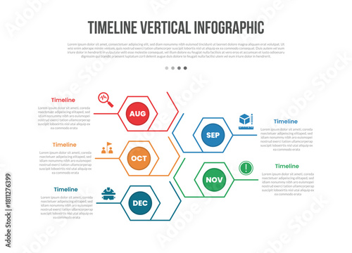 Timeline vertical base shape infographics template diagram with hexagon shape locked structure opposite direction with 5 point step creative simple flat outline