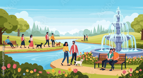 Vibrant urban park scene with diverse people enjoying leisure activities, walking dogs, and relaxing by a beautiful fountain and winding river on a sunny day