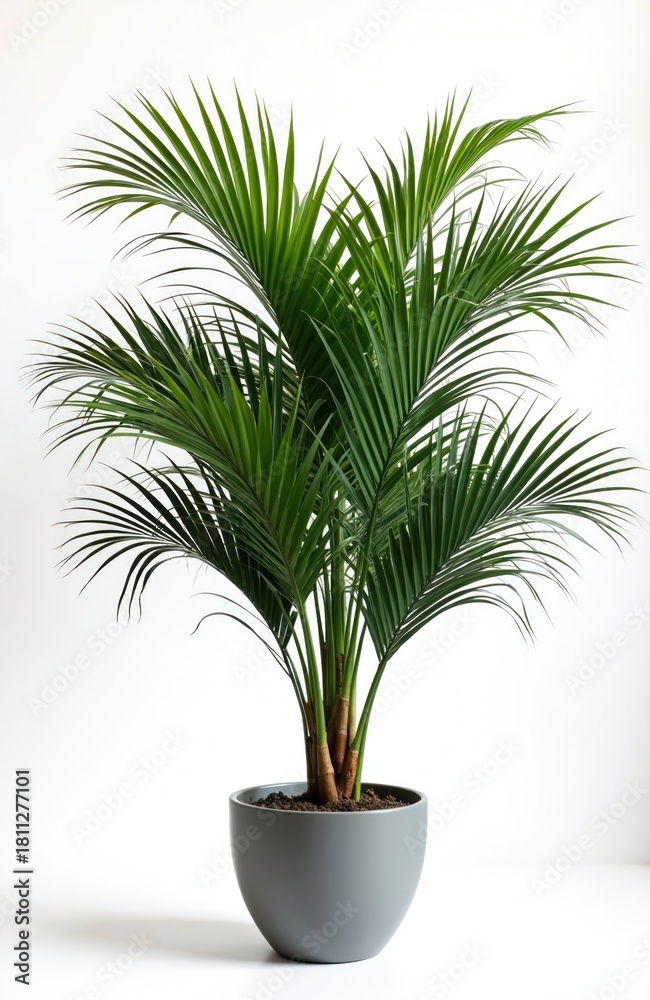 Obraz premium Green Kentia palm tree in gray pot isolated on white background. Tropical plant with rich fronds brings natural beauty indoors, perfect for home or office decor updates.
