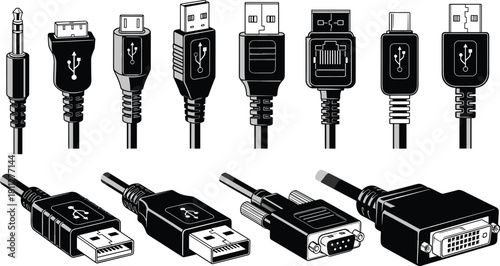 Black and white vector set of various computer cables and connectors, including USB, Mini-USB, HDMI, DVI, VGA, and audio jacks, representing connectivity, data transfer, and technology hardware.