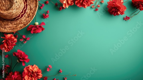 A straw hat surrounded by vibrant red flowers on green background