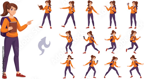 Cartoon female student character set with various poses like walking, running, and reading, vector illustration for animation and game design.