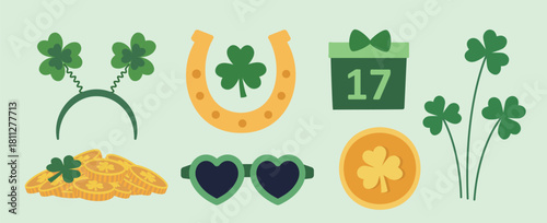 St. Patrick's Day element set.
Includes a clover, a coin, a horseshoe, a Leprechaun hat, a gift box, party glasses, a mustache, a tie, a bow tie, and a headband.
St patrick day party photo booth.