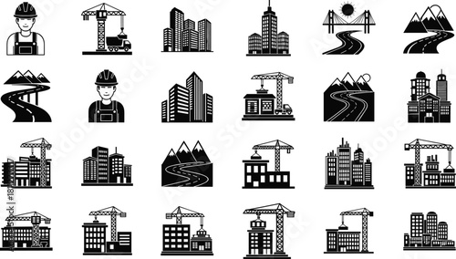 Collection of black construction and city building icons, featuring workers, cranes, modern skyscrapers, and road infrastructure silhouettes isolated on white.
