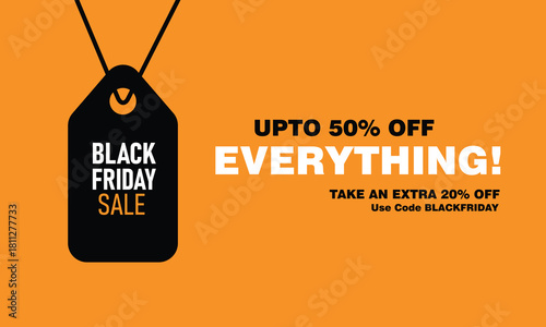 Black Friday sale banner with black hanging tag and bold white discount text on bright orange background, modern promotional design for retail, marketing, and ecommerce offers