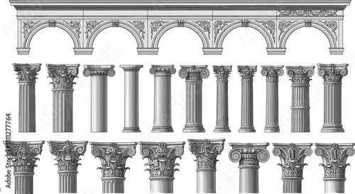 Classic Roman and Greek Column Vector Set, Ancient Architectural Pillars, Arches, and Ornamental Capitals for Building Design Elements.