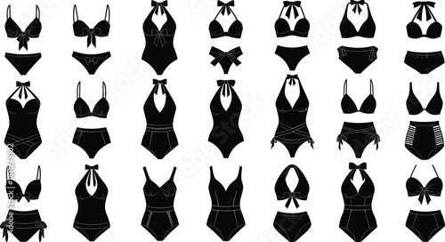 Collection of black silhouettes of women swimwear and bikinis, various styles of bathing suits, summer vacation fashion, vector illustration isolated.