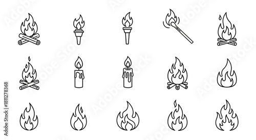 Set of Fire and Flame Icons Diverse Outline Illustrations for Various Design Needs