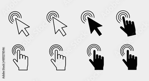 Versatile collection of mouse cursor and hand click icon sets, featuring outline and solid styles for modern web design and interactive user interfaces