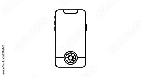 Minimalist line art icon of a smartphone with a camera shutter symbol on the screen, representing mobile photography and app interface