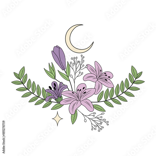 A vintage style illustration representing floral moon
