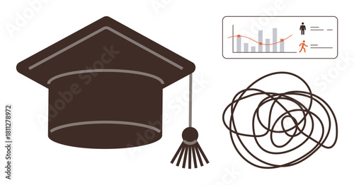 Graduation cap, tangled lines, and a graph symbolize education, challenges, decision-making, and progress. Ideal for learning, career, confusion growth problem-solving analytics achievement