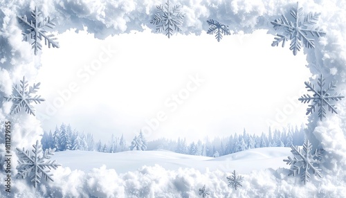 Snowy frame with flakes, wintery landscape background