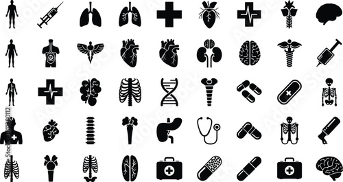 Comprehensive Medical and Healthcare Black Silhouette Icon Set, Anatomy, Medicine, Diagnosis, Treatment, and Hospital Symbol Vector Collection for UI/UX Design.