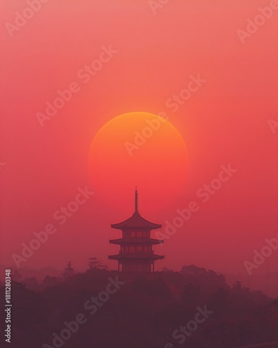 Ancient pagoda silhouette against vibrant red sunset in japan