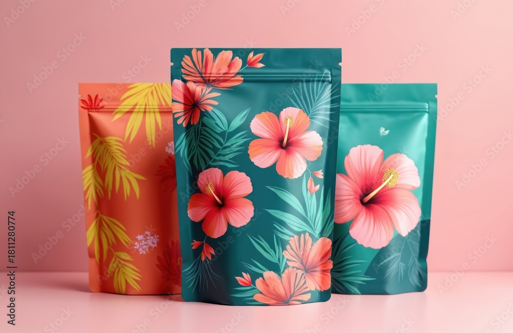 Fototapeta premium Three zip lock pouches with tropical floral print in orange teal colors. Stand up bags feature hibiscus flowers green leaves. Pastel backdrop suitable for beauty product packaging design.