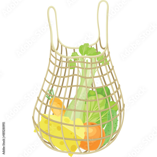 Mesh tote bag filled with fresh vegetables and fruits featuring a yellow lemon orange onion cucumber and carrots with a white background and studio lighting