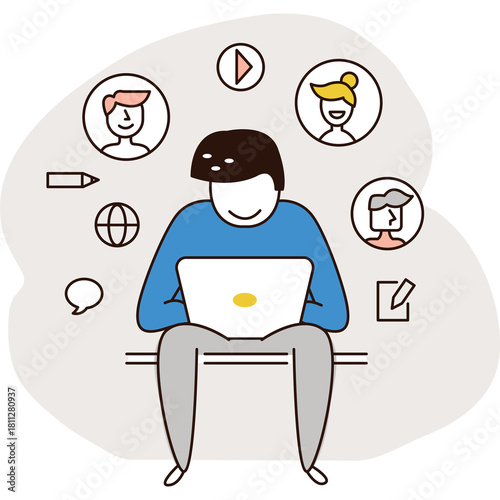 Man With Laptop Connected To People And Icons Illustrating Online Communication And Learning On Transparent Background