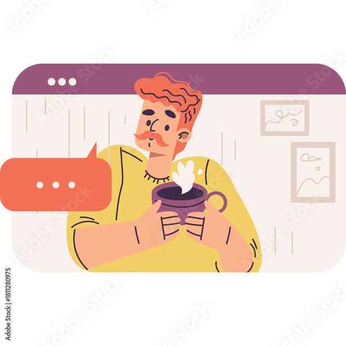 Man with Moustache Holding a Purple Mug with Steaming Drink in Front of a Digital Window with Speech Bubble and Framed Art on a White Background Vector Illustration