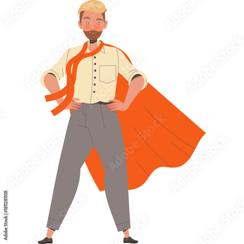 Man With Orange Cape Standing With Hands On Hips And Confident Pose Wearing White Shirt Gray Pants And Red Tie