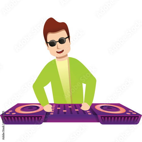 Man with Sunglasses and Green Jacket Playing Music on DJ Turntables with Purple Lights and Transparent Background