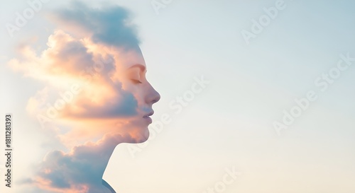 Double exposure of a womans profile with clouds and sunset sky