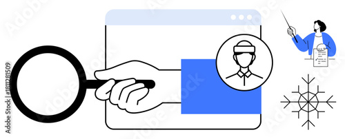 Hand holding magnifying glass over browser window, user profile icon, person presenting data, and a snowflake. Ideal for research, analysis, strategy, persona development, education data focus