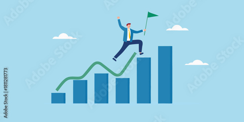 Businessman reaching the top of graph with flag in hand